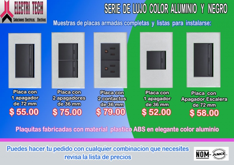 placas y apagadores color aluminio y negro